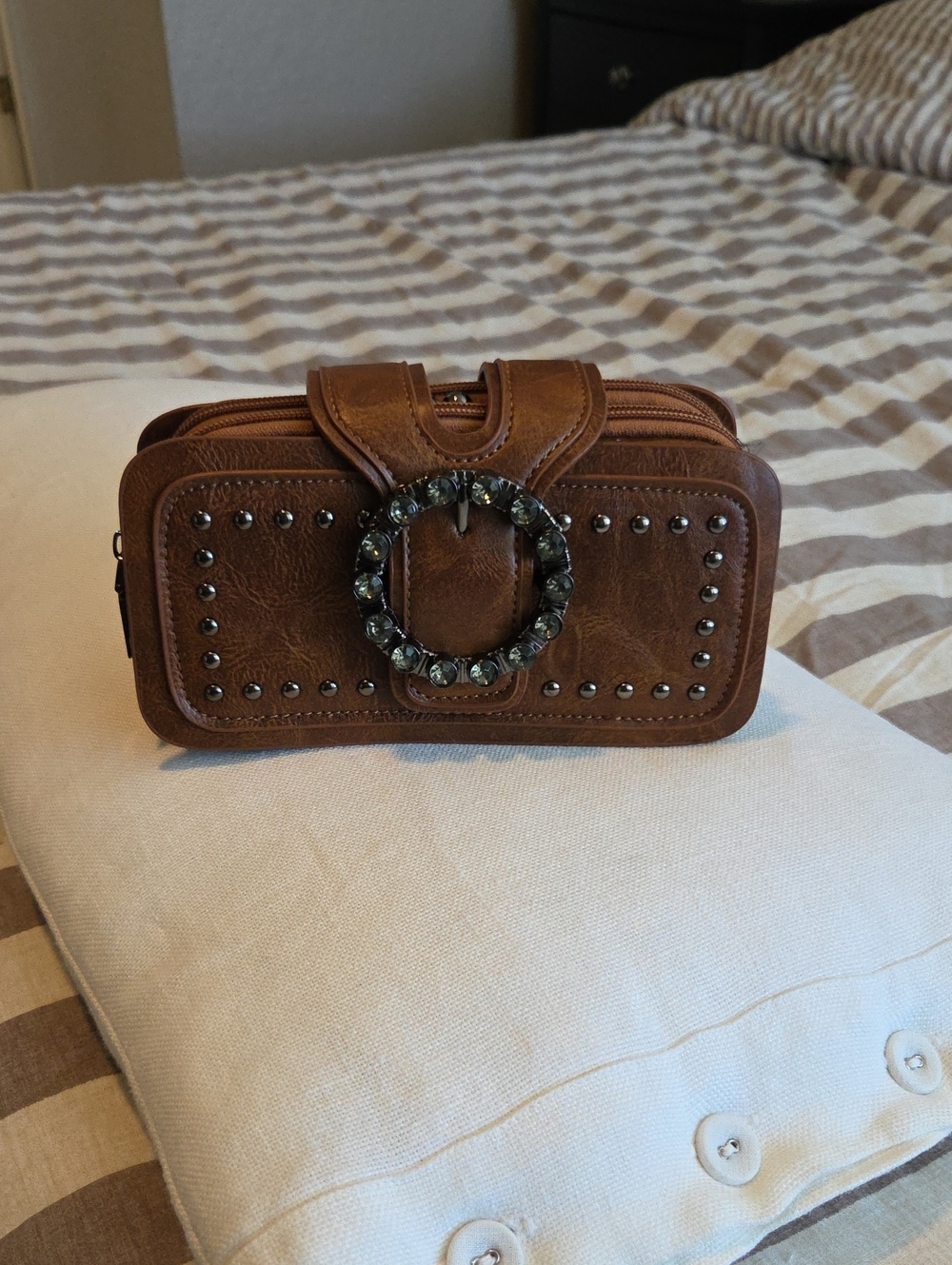 Brown Women's Studded Crossbody Wallet with Decorative Ring